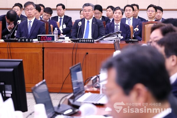 13일 최재해 감사원장과 유병호 사무총장이 13일 서울 여의도 국회에서 열린 법제사법위원회 감사원 국정감사에서 의원의 질의를 듣고 있다.