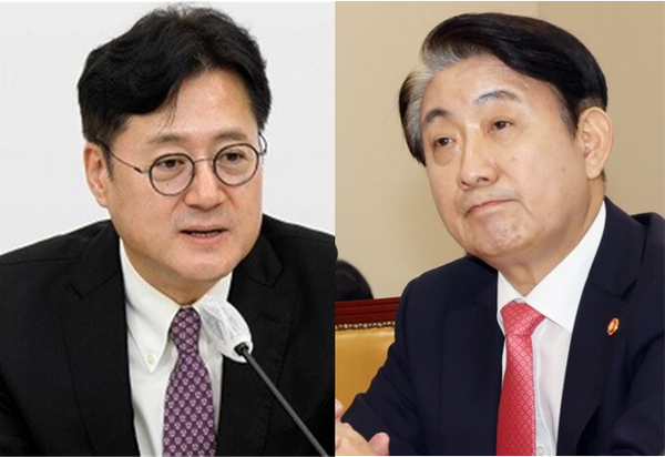 홍익표 더불어민주당 원내대표(좌)와 이동관 방송통신위원장(우). 시사포커스DB