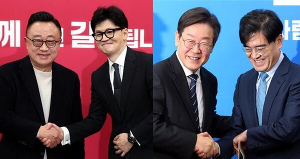 (왼쪽부터) 고동진 전 삼성전자 모바일 부문 사장, 한동훈 국민의힘 비상대책위원장, 이재명 더불어민주당 대표, 공영운 전 현대자동차 전략기획 담당 사장. 사진 / ⓒ뉴시스