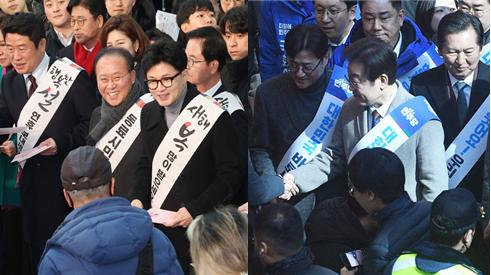 한동훈 비상대책위원장을 비롯한 국민의힘(좌) 지도부가 8일 서울역에서, 이재명 대표를 포함한 더불어민주당(우) 지도부가 용산역에서 각각 설 명절을 맞아 귀성길에 오른 시민들에게 인사하고 있는 풍경. 사진 / ⓒ뉴시스