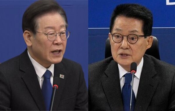 이재명 더불어민주당 대표(좌)와 전남 해남·완도·진도 지역구 더불어민주당 후보인 박지원 전 국정원장(우). 시사포커스DB