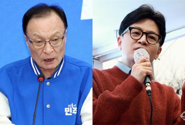 이해찬 상임 공동선거대책위원장이 지난 18일 서울 여의도 중앙당사에서 열린 선대위 회의에서 발언을 하고 있는 모습(좌)과 한동훈 국민의힘 총괄선대위원장이 현장 지원 유세를 펼치고 있는 모습(우). 사진 / ⓒ뉴시스(좌), 오훈 기자(우)