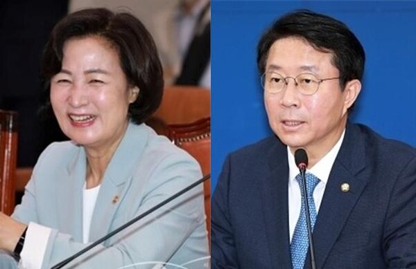 제22대 총선에서 6선 도전에 성공한 더불어민주당 소속의 추미애 전 법무부 장관(좌)과 조정식 사무총장(우). 시사포커스DB