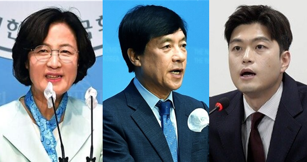 문재인 정부에서 법무부 장관을 역임했던 추미애 더불어민주당 의원(좌), 서울중앙지검장을 역임했던 이성윤 민주당 의원(중), 청년 정치인인 김용태 국민의힘 의원(우). 시사포커스DB