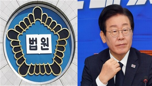 법원 외벽에 붙어있는 법원 마크(좌)와 이재명 더불어민주당 대표(우). 시사포커스DB