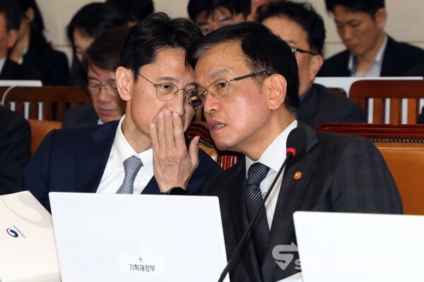 28일 최상목 경제부총리 겸 기획재정부 장관과 김윤상 2차관이 대화하고 있다.