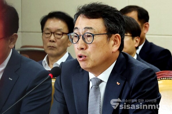 30일 유영상 SKT 사장이 의원의 질의에 답하고 있다.