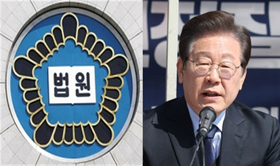 법원 외벽에 부착되어 있는 법원 마크(좌)와 이재명 대통령(우). 시사포커스DB
