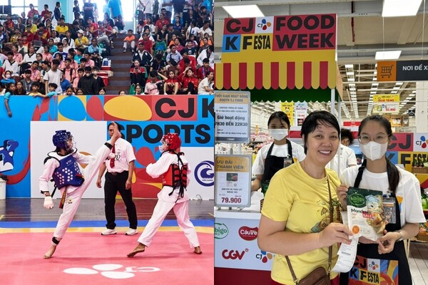CJ가 베트남에서 청소년 태권도 대회 후원(사진 좌), 자사 브랜드 제품 할인 프로모션 등을 진행하는 CJ K FESTA를 3주간 진행한다. ⓒCJ
