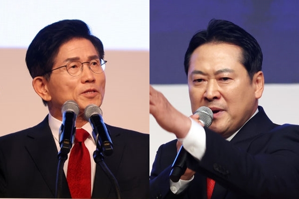 국민의힘 제6차 전당대회 부산·울산·경남 합동연설회가 열린 12일 부산 해운대구 벡스코 오디토리움에서 김문수 당 대표 후보가 정견을 발표하고 있다.(좌), 국민의힘 제6차 전당대회 부산·울산·경남 합동연설회가 열린 12일 부산 해운대구 벡스코 오디토리움에서 장동혁 당 대표 후보가 정견을 발표하고 있다. (우) ⓒ뉴시스