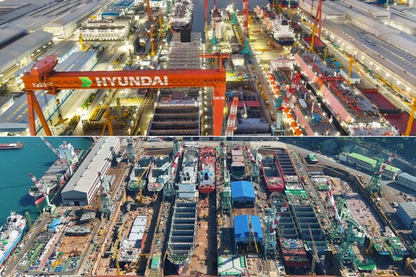 HD한국조선해양과 HD현대중공업, HD현대미포가 지난 27일 이사회를 열고 HD현대중공업과 HD현대미포 합병을 의결했다. HD현대중공업(위)·HD현대미포(아래) 야드 전경 ⓒHD현대