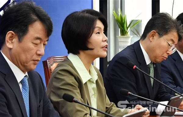 한정애 더불어민주당 정책위의장이 지난달 21일 서울 여의도 국회 본청에서 열린 국정감사대책회의에서 발언을 하고 있다. 사진 / 오훈 기자